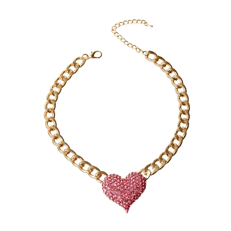 Rhinestone Heart Necklace Pink